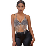 Corset Sexy De Malla Fleco Diamante Sujetador Crop Top Mujer