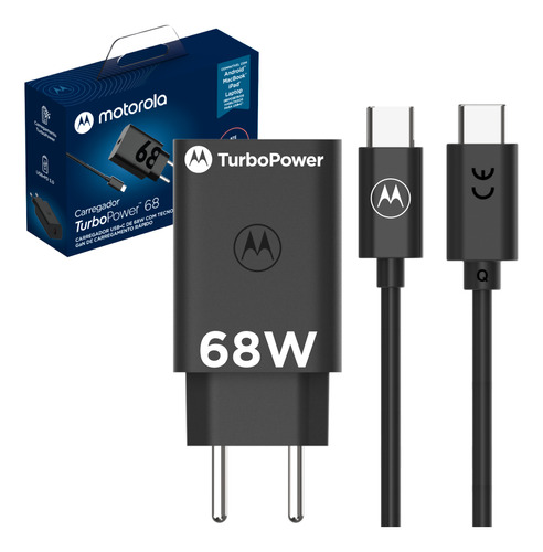 Motorola - Carregador Turbo Power 68w P/ Motorola Edge - 8x Mais Rápido - Preto