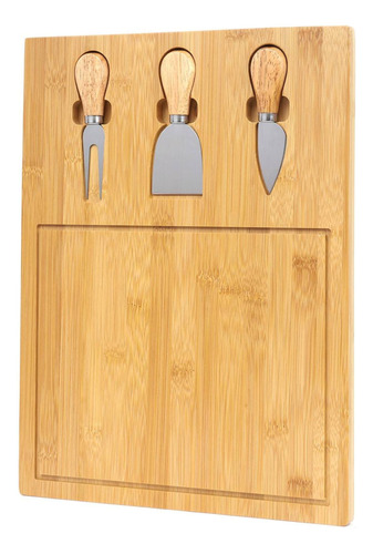 Tabla Para Picar Queso De Madera Bambú + 3 Utensilios 