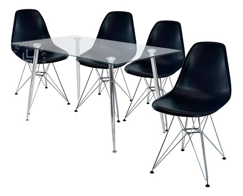 Juego Comedor Mesa Vidrio Iriarte 120x80 + 4 Sillas Eames Color Negro