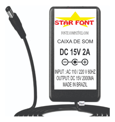 Fonte Carregador 15v 2a Para Caixa Som Lenoxx Ca-500 Ca-340