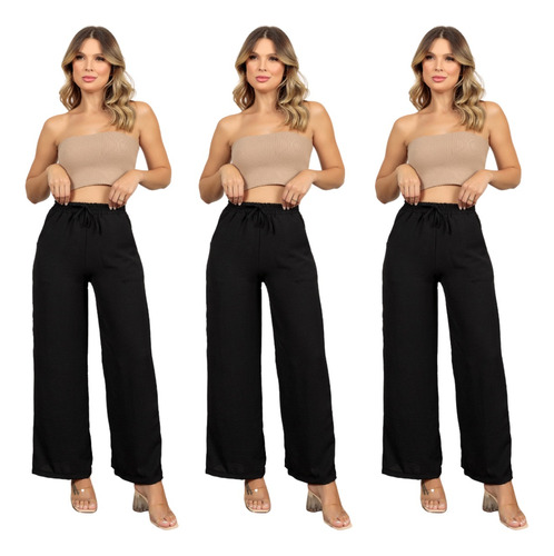 Kit 3 Calça Pantalona Cintura Alta Duna Da Moda Escolha Cor