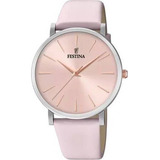 Reloj De Pulsera Festina Boyfriend F20371 De Cuerpo Color Gris, Analógico, Para Mujer, Fondo Rosa, Con Correa De Cuero Color Rosa, Agujas Color Oro Rosa, Dial Oro Rosa, Bisel Color Plateado