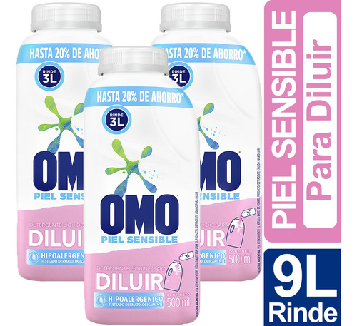 Detergente Omo Líquido Piel Sensible 500ml Rinde 3lts Pack 3