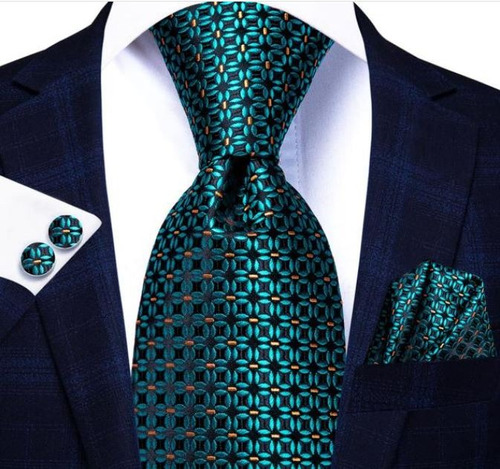 Set Corbata Pañuelo Mancuernillas Seda Jacquard - Verde 3328