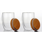 Set De 2 Vasos Vidrio Doble Pared 350 Ml Con Tapa De Bambú