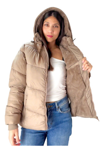 Campera Puffer Inflable Mujer Corderito Capucha Desmontable.