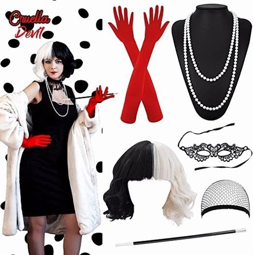 1 Set De Disfraz De Peluca Blanca Y Negra De Cruella Cosplay
