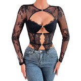 Blusas Top Sexy De Manga Larga Transparente Con Encaje