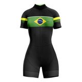 Macaquinho Ciclismo Feminino Stella Wear Brasil Preto Uv50+