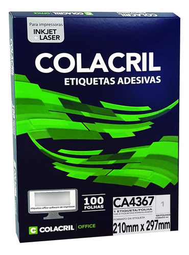 Etiqueta Impressora A4 210 X 297mm 100 Fls Ca4367 Colacril