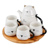 Set Gatito 4 Tazas + Tetera + Bandeja De Bambú Regalo Kawaii