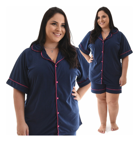 Pijama Plus Size Americano Curto Botão Short Doll Feminino