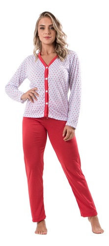 Conjunto De Pijama De Botão Feminino Longo Estampado