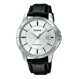 Reloj De Pulsera Casio Enticer Mtp-v004 De Cuerpo Color Plata, Analógico, Para Hombre, Fondo Blanco, Con Correa De Cuero Color Negro, Agujas Color Plata, Dial Negro, Minutero/segundero Negro, Bisel Co