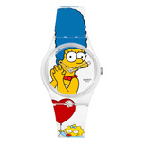 Reloj Swatch Marge Los Simpson Edicion Dia De Madre Correa Blanco Bisel Blanco Fondo Blanco