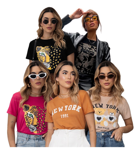 Kit 5 Camisetas Feminina Manga Curta Moda Verão Estampadas