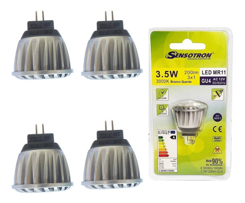 Kit 4 Lâmpadas Led 3.5w Mr11 Luz 3000k Minidicroica 12v