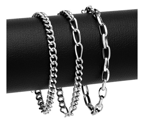 Combo 3 Pulseiras Aço Inox Prata Kit-72 Masculino