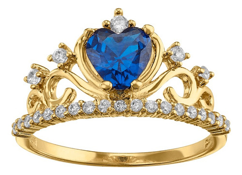 Anillo Para Dama O 15 Años Corona Piedra Azul Oro Sólido 10k