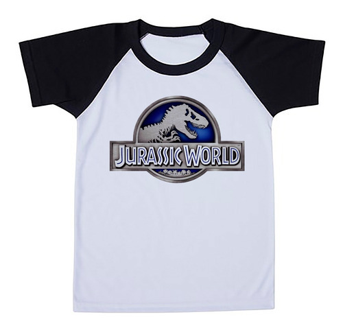 Camiseta Infantil Raglan Jurassic Park Logo Azul Metal