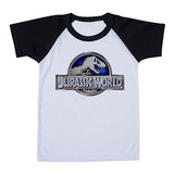 Camiseta Infantil Raglan Jurassic Park Logo Azul Metal