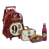 Kit Mochila Rodinhas Lancheira Estojo E Garrafa Harry Potter Cor Vinho - Hogwarts Express