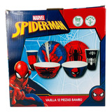 Vajilla De Spiderman De Bambu 12 Piezas Color Rojo