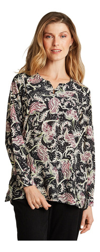 Blusa Estampada Con Detalle En Escote Negro