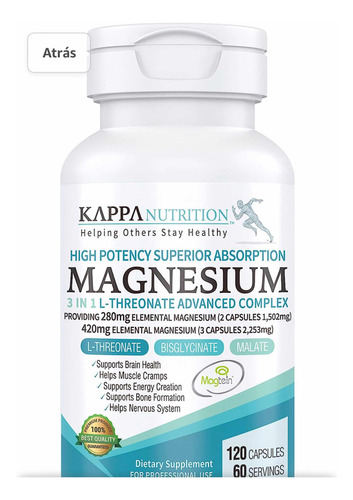 Suplemento En Comprimidos Kappa Nutrition  Vitaminas Magnesio 3 En 1 Treonato + Bisglicinato + Malato Vegano Eeuu En Pote 120 Un