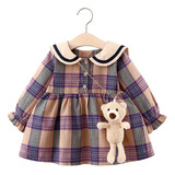 Vestido Otoño Con Cuello De Solapa A Cuadros Para Niñas 0-4y