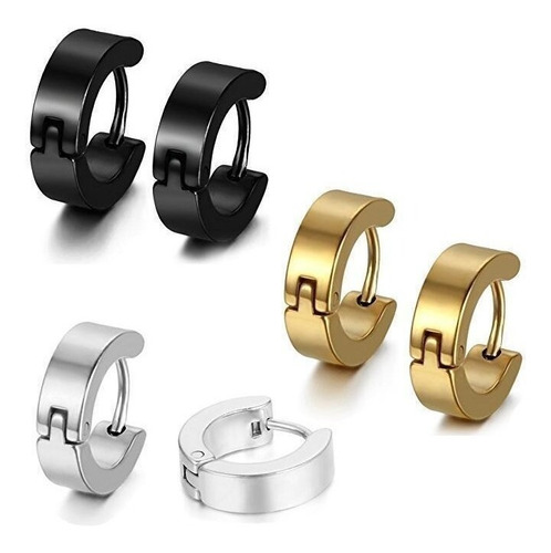 3 Pares Brinco Argola Articulada Dourado Preto E Prata 4mm