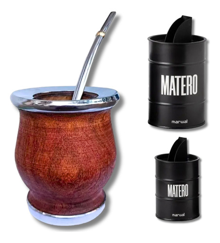 Mate Madera Lustrado Doble Virola Acero Bombilla Pro + Latas