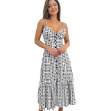 Vestido Longo Feminino Botão Na Frente Babado E Alça