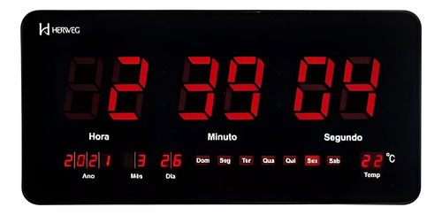 Relógio Parede Digital Led Calendário Termômetro Herweg 6464