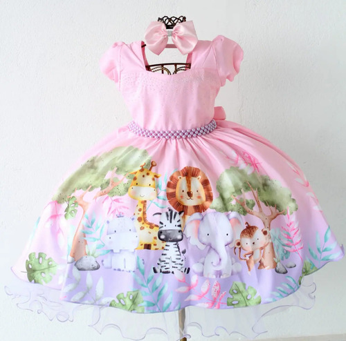 Vestido Infantil Tem Safari Animal Elefante Leão 1 Ao 3 Luxo