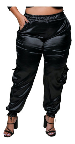 Calça Feminina Cetim Cargo Plus Size Jogger Gringa Balada