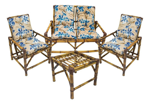Jogo De Sofá De Bambu + Mesinha De Bambu Cor 2 Cadeiras + 1 Namoradeira + Mesinha A Bege Com Flores Azul