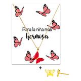 Collar Mariposa Roja Con Tarjeta + Aretes