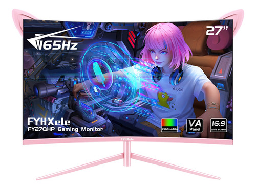 Monitor Gamer Curvo Fyhxele 27 Qhd 165hz 1ms Rosa Con Orejas