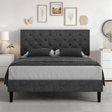 Base De Cama Matrimonial Hombck Tapizada Tela De Lino Negro