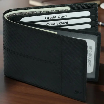 Soku Cartera Piel Genuina Interior Microfibra Carbono Antirrobo Color Negro | Envío gratis