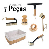 Kit 7 Peças Lavanderia Escovas Rodo Preto Cesto bambu oikos