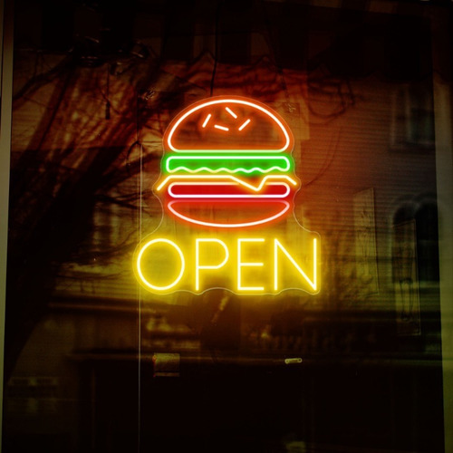 Letrero Led Neón De Hamburguesa  Open Luminoso