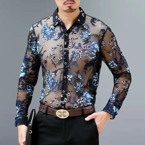 Camisa De Fiesta De Club De Encaje Bordado Para Hombre, Mang