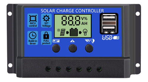 Controlador Carga Solar 10a Pwm 12v/24v Usb Lcd Doble Canal 