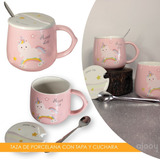 Ajooy Taza Cerámica Rosa Con Tapa Cuchara Unicornio Arcoíris