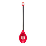 Colher Vazada Silicone Vermelho Cabo Inox Talher Cozinha 1un