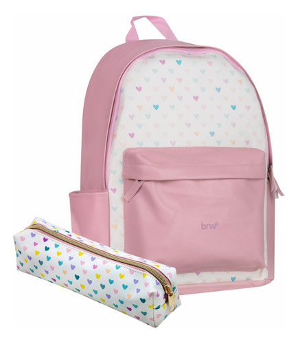 Mochila Escolar Conjunto Con Cartuchera Pastel Corazones Brw