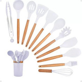 Kit C/12 Utensílios De Cozinha Silicone Cabo Madeira Branco